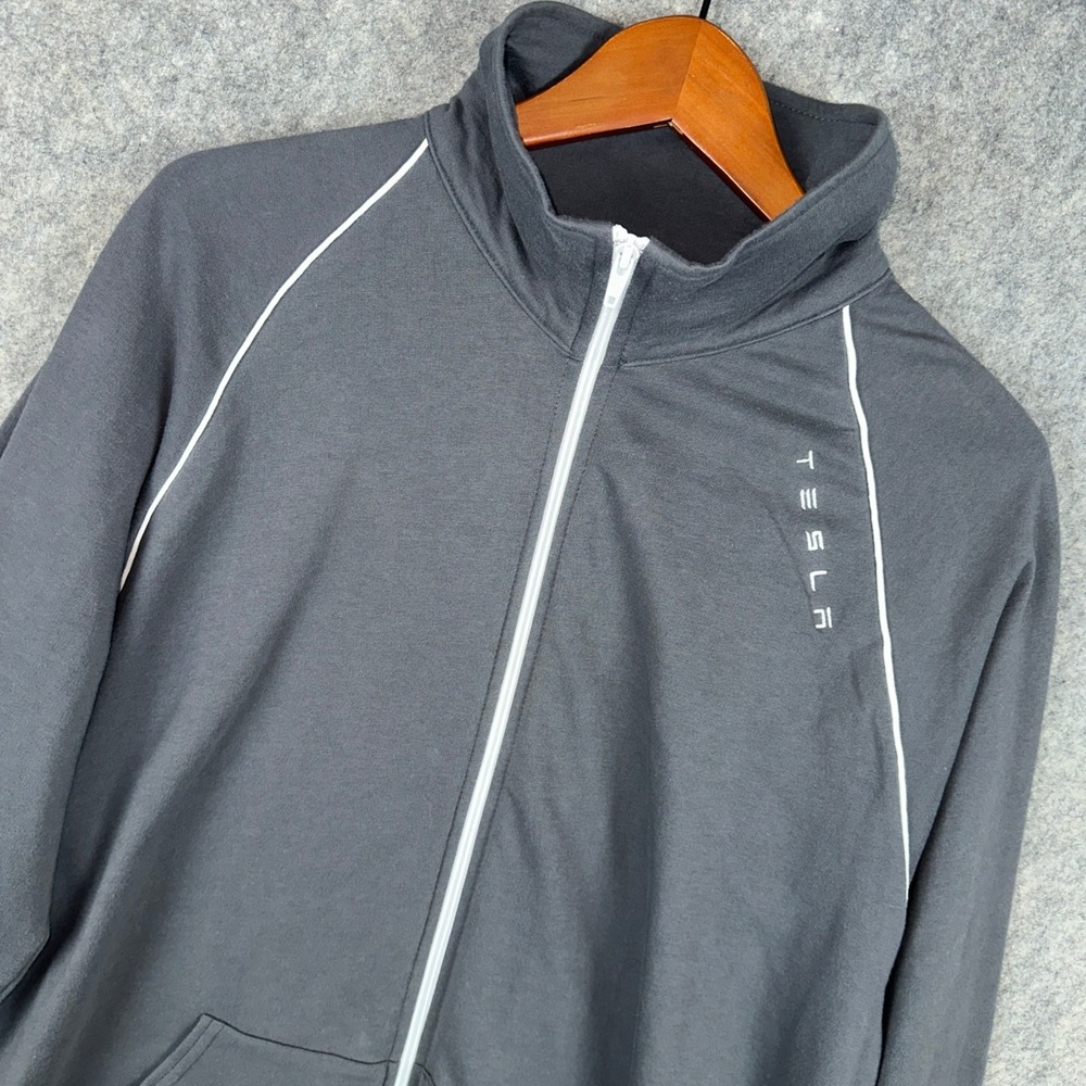 Tesla Track Jacket Mens XL Gray Zip Up Fleece Logo Piping EV Car